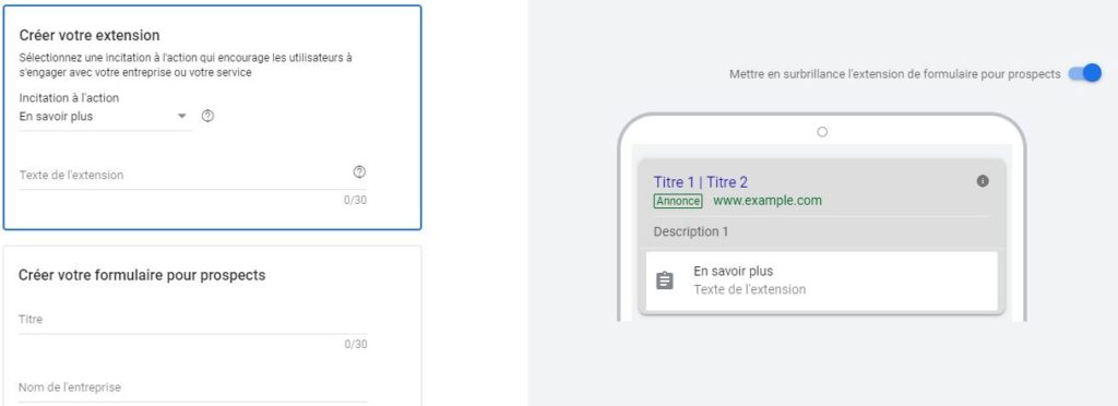 Configuration extension d'annonce : extension de formulaire pour prospects